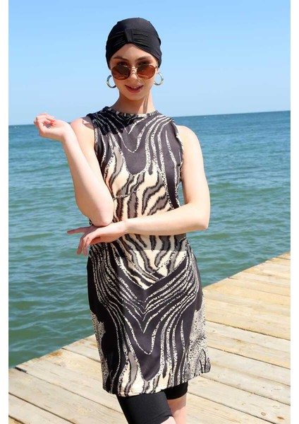 Sıfır Kol Leopar Yarım Tesettür Mayo 33010 modelleri