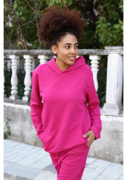 Kadın Pamuk Kapşonlu Cepli 3 Iplik Fuşya Eşofman Takım 9037 fırsatları