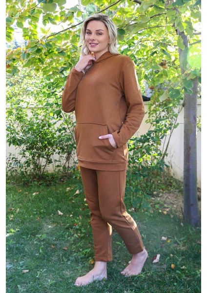 Kadın Pamuk Kapşonlu Cepli 3 Iplik Kahve Eşofman Takım 9037 fiyatları