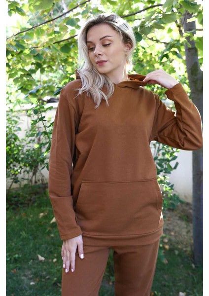Kadın Pamuk Kapşonlu Cepli 3 Iplik Kahve Eşofman Takım 9037 modelleri