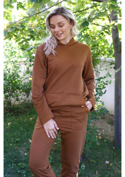Kadın Pamuk Kapşonlu Cepli 3 Iplik Kahve Eşofman Takım 9037 fırsatları