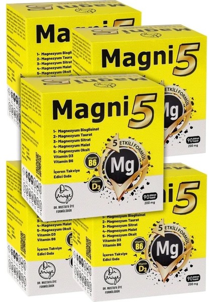 Magnezyum 5 Etkili Form 450 Kapsül B6 D3 Vit Magni5 Bisglisinat Taurat Sitrat Malat 5'li Aile Seti