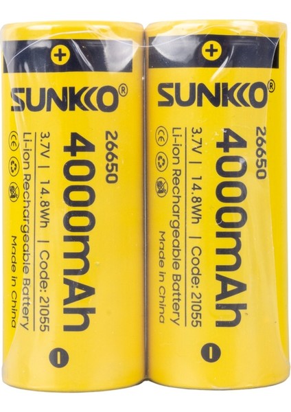 Sunkko 3.7 Volt 4000 Mah 26650 Şarj Edilebilir Pil (2'li Paket) (4396)