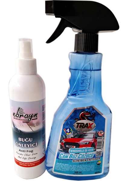 Trax Cam Buz Çözücü 500 Ml. - Ebrayn Buğu Önleyici 250 Ml. Oto, Kask, Ev, Gözlük Camları