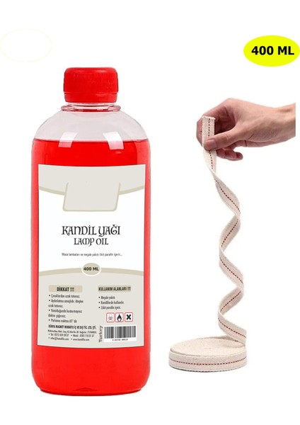 Kandillo, Kırmızı Kandil Yağı, 400 ml, Kokusuz, Dumansız, Iç Mekan Gaz Lambası Yakıtı + 50 cm Fitil