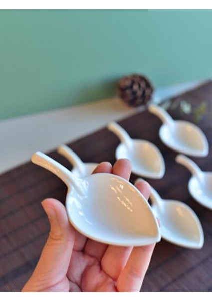 Porselen 6 'Lı Beyaz Yaprak Sosluk - Lokumluk - Reçellik - Kahve Yanı