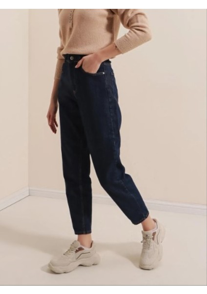 Denim Kumaş Kar Lacivert Mom Jeans