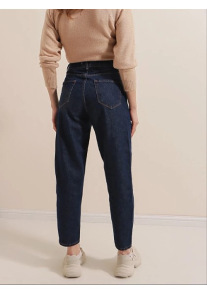 Denim Kumaş Kar Lacivert Mom Jeans modelleri