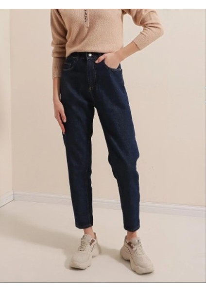 Denim Kumaş Kar Lacivert Mom Jeans fırsatları