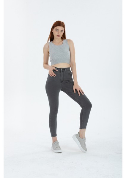 Açık Gri Dar Paça Skinny Power Kot Pantalon