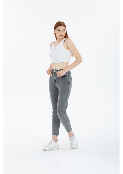 Kadın Füme Yüksek Bel Mom Jeans Kot Pantolon