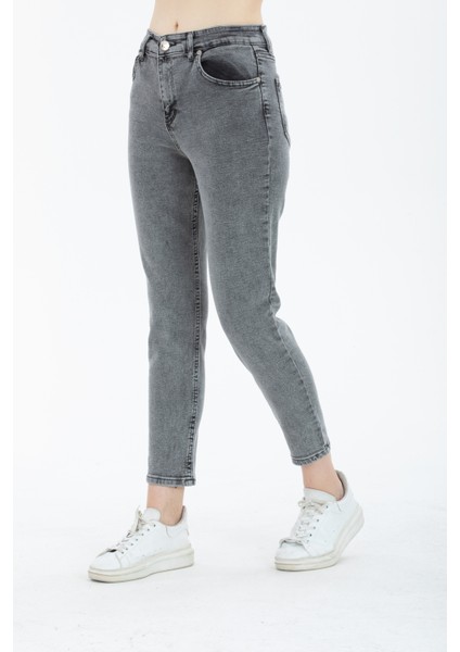 Kadın Füme Yüksek Bel Mom Jeans Kot Pantolon