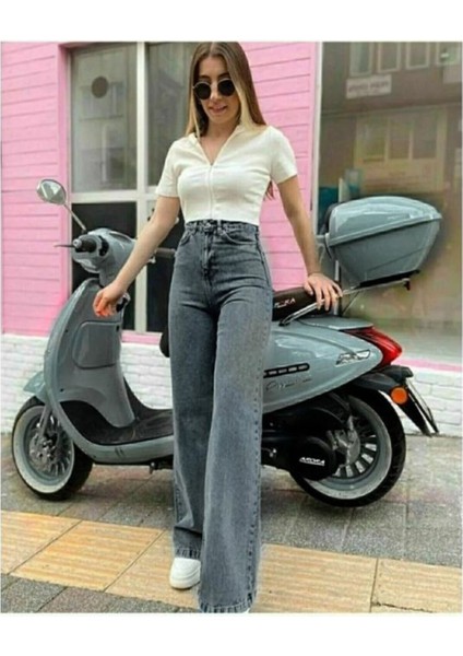 Jorde Kadın Füme Bol Paça Jean Wide Leg Antrasit Kot Pantolon