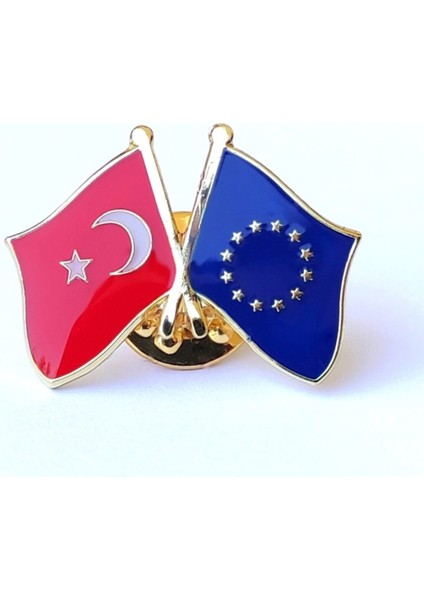 Avrupa Birliği Türkiye Dostluk Ikili Bayrak Rozeti Iğneli 2'li Yaka Rozet Broş