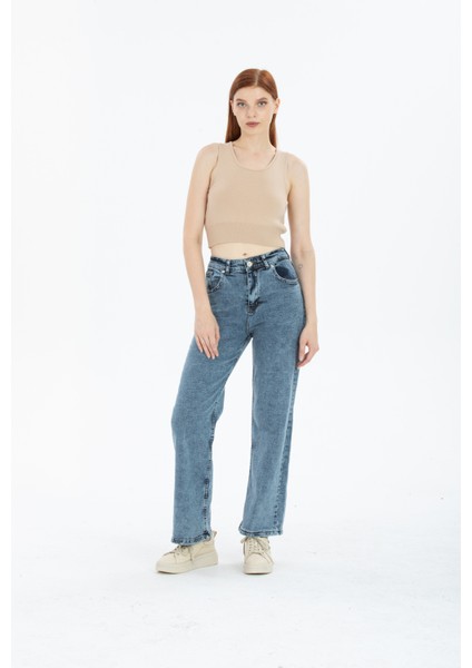 Kar Mavi Swide Leg Jeans Palazzo Pantolon