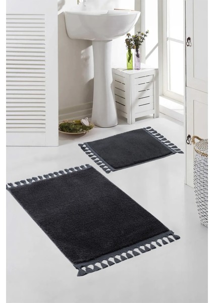 Yıkanabilir Premium Ponpon Saçaklı Kaymaz Taban Post Peluş Banyo Paspası 2'Li Takım Antrasit