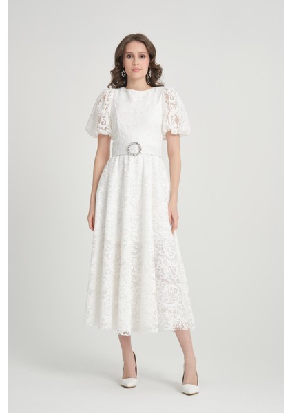 Beyaz Midi Boy Dantelli Abiye Elbise