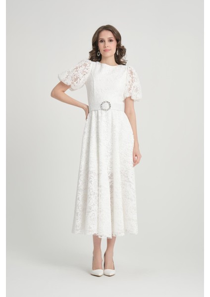 Beyaz Midi Boy Dantelli Abiye Elbise fiyatları