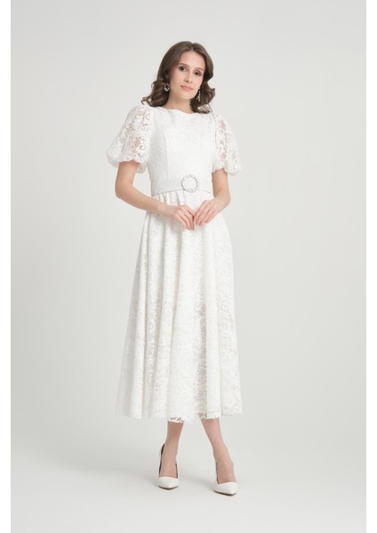Beyaz Midi Boy Dantelli Abiye Elbise modelleri