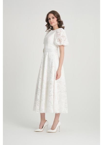 Beyaz Midi Boy Dantelli Abiye Elbise fırsatları