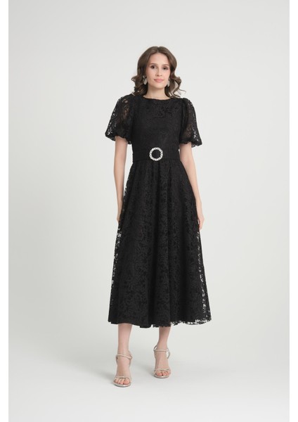 Siyah Midi Boy Dantelli Abiye Elbise