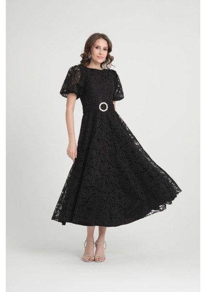 Siyah Midi Boy Dantelli Abiye Elbise modelleri