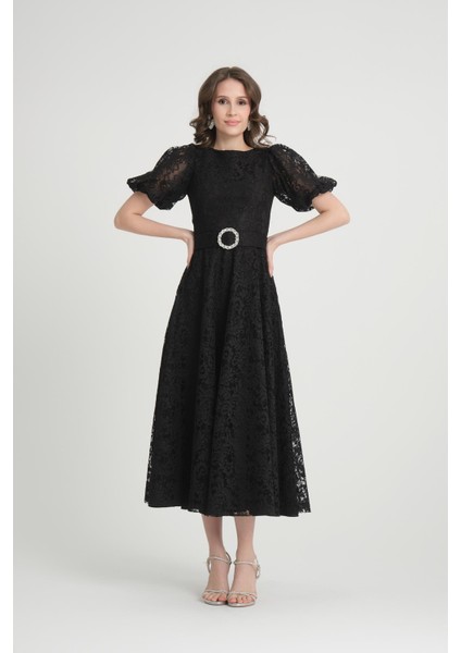 Siyah Midi Boy Dantelli Abiye Elbise fırsatları