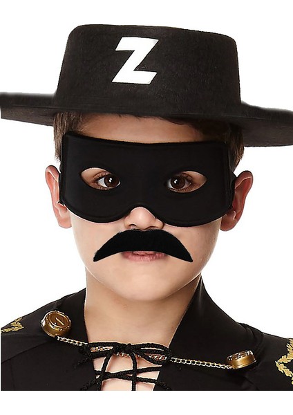 Trade Jam Siyah Renk Zorro Şapkası Zorro Maskesi ve Zorro Bıyık Çocuk Boy (4396)