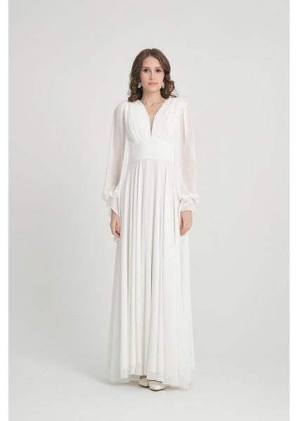 Kolları Taşlı Beyaz Abiye Elbise fiyatları