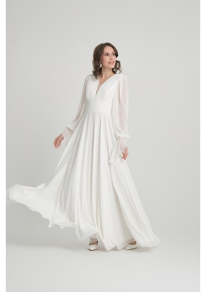 Kolları Taşlı Beyaz Abiye Elbise indirimleri