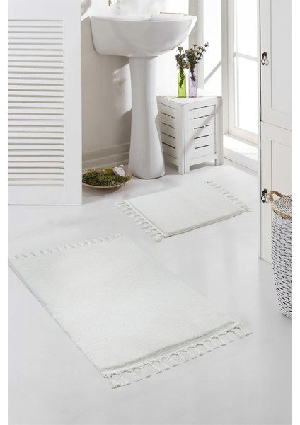 Yıkanabilir Premium Ponpon Saçaklı Kaymaz Taban Post Peluş Banyo Paspası 2'Li Takım Ekru