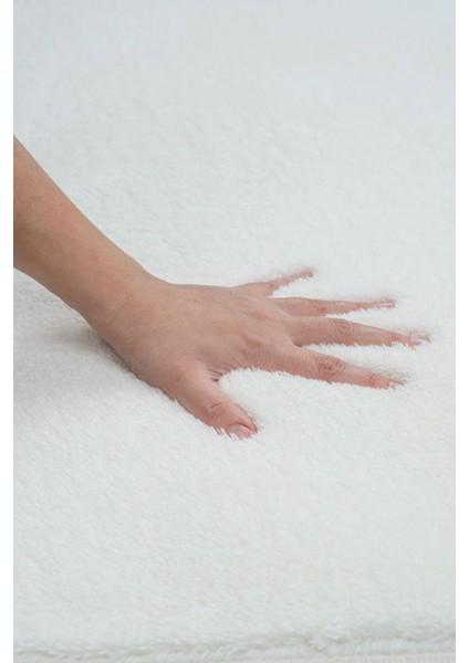Yıkanabilir Premium Ponpon Saçaklı Kaymaz Taban Post Peluş Banyo Paspası 2'Li Takım Ekru