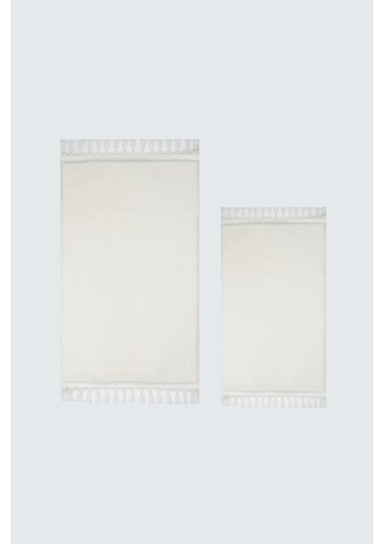 Yıkanabilir Premium Ponpon Saçaklı Kaymaz Taban Post Peluş Banyo Paspası 2'Li Takım Ekru