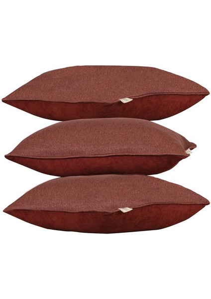 3'lü Çift Taraflı Keten ve Kadife Görünümlü Kırlent Kılıfı Fitilli Kırmızı