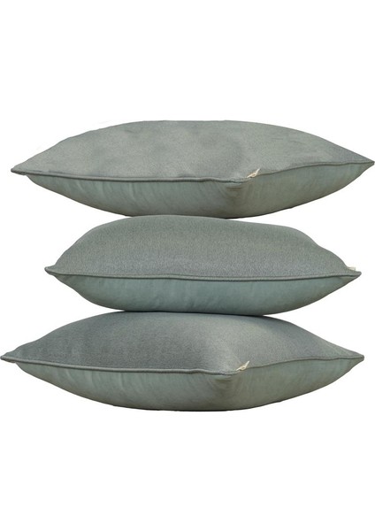 3'lü Çift Taraflı Keten ve Kadife Görünümlü Kırlent Kılıfı Fitilli Su Yeşili