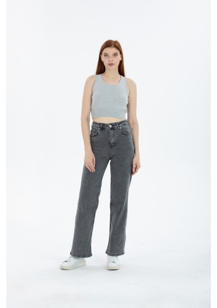 90'S Kar Yıkama Kar Gri Swide Leg Jeans Palazzo Kot Pantolon