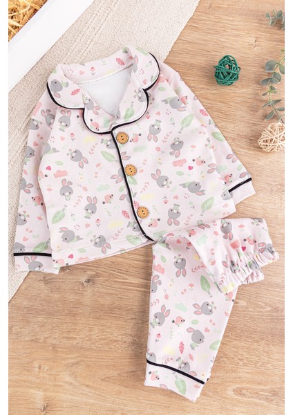 Tavşan Desenli Pamuklu Önden Düğmeli Kız Bebek Pijama Takımı