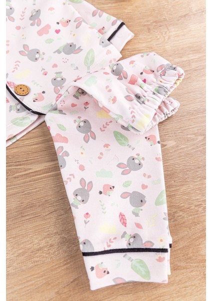 Tavşan Desenli Pamuklu Önden Düğmeli Kız Bebek Pijama Takımı