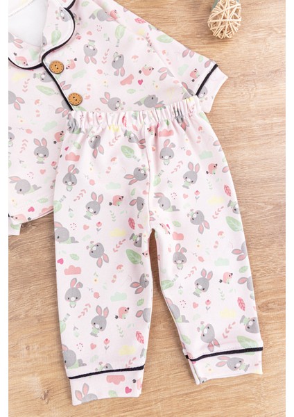 Tavşan Desenli Pamuklu Önden Düğmeli Kız Bebek Pijama Takımı