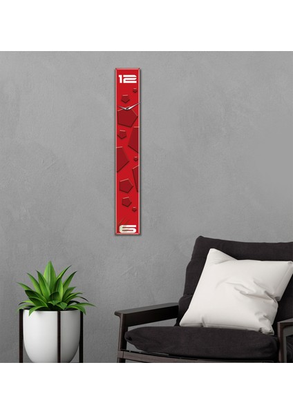 Cam Duvar Saati | Fütüristik Cam Saat | Geometrik Kırmızı | 10CM x 70CM