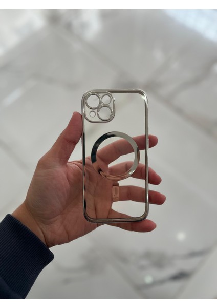Apple iPhone 14 Magsafe Lazer Silikon Renkli Şeritli Telefon Kılıfı Kamera Lensi Açık