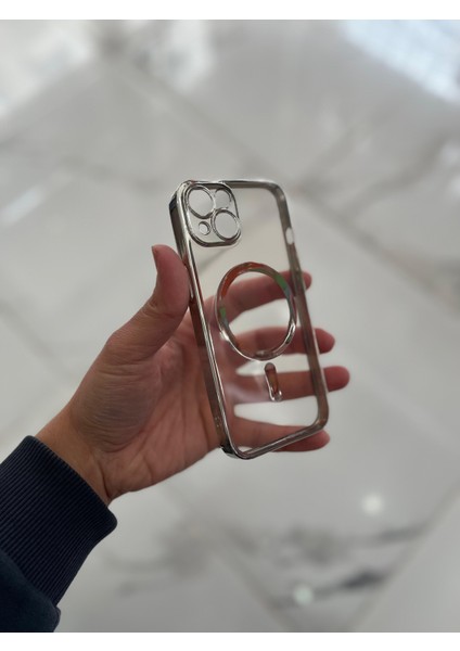Apple iPhone 14 Magsafe Lazer Silikon Renkli Şeritli Telefon Kılıfı Kamera Lensi Açık