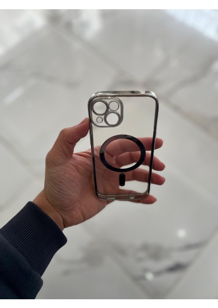 Apple iPhone 14 Magsafe Lazer Silikon Renkli Şeritli Telefon Kılıfı Kamera Lensi Açık