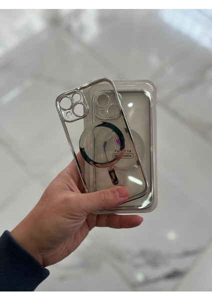 Apple iPhone 14 Magsafe Lazer Silikon Renkli Şeritli Telefon Kılıfı Kamera Lensi Açık