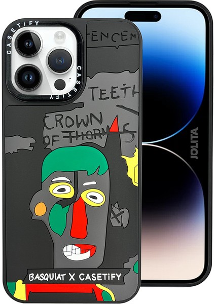 Apple iPhone 14 Pro Max Uyumlu Basquiat Desenli Telefon Kılıfı Kabartmalı Mat Siyah Gri Silikon Art