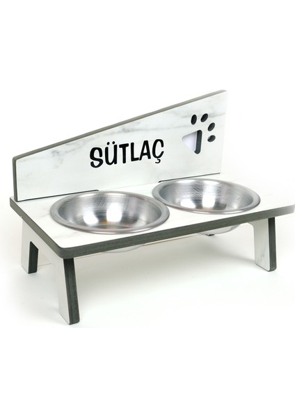 Suya Dayanıklı Ahşap Çelik Kaseli, Özel isim Baskılı Kedi-Köpek Mama Kabı Stantı Beyaz-2*350ml. fiyatları