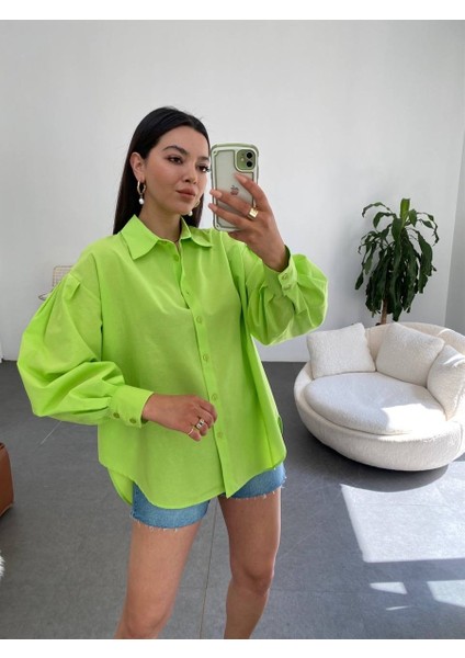 Kadın Oversize Arkası Uzun Balon Kol Siyah Gömlek