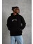 Erkek Kordon Ipli Baskılı Kapüşonlu Sweatshirt - Siyah 1