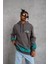 Erkek Üç Iplik Içi Pamuklu Alev Baskılı Kapüşonlu Sweatshirt - Gri 2