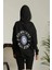 Kadın Sırt Baskılı Oversize Üç Iplik Kapüşonlu Sweatshirt - Siyah 4